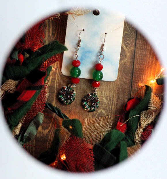 Wreath Beaded Christmas Earrings