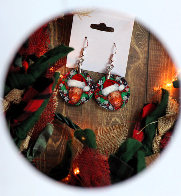 1 inch Round Cow Santa Earrings