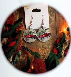 1 inch Red Truck and Tree Round Earrings