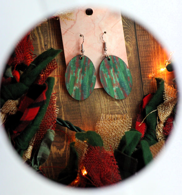 1.5 Inch Red and green abstract oval earrings