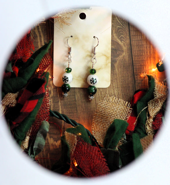 Green Snowflake Beaded Earrings