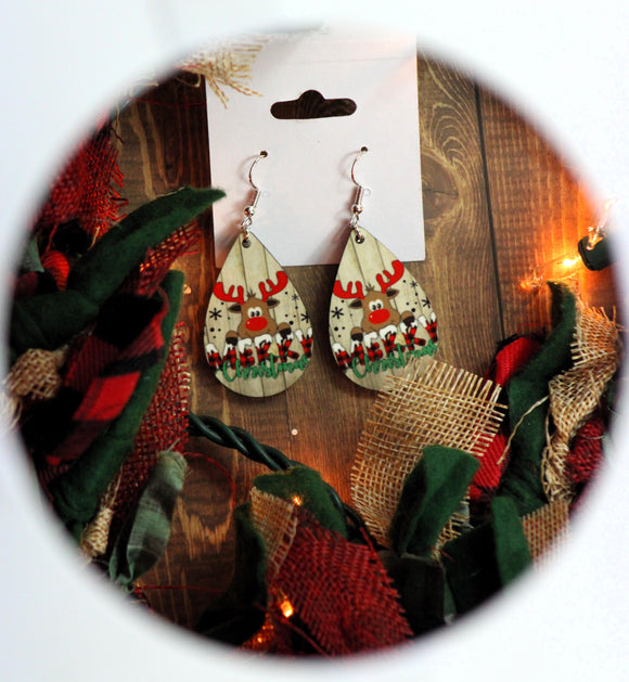 1.8 Inch Merry Christmas Reindeer Earrings