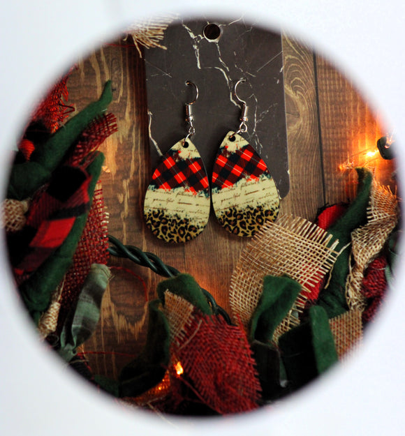 1.6 inch Red and Black Plaid with Leopard Print Earrings