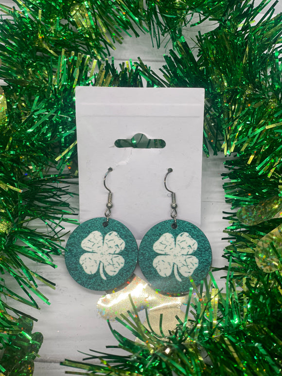 1 Inch Round Green Earrings with White Clover