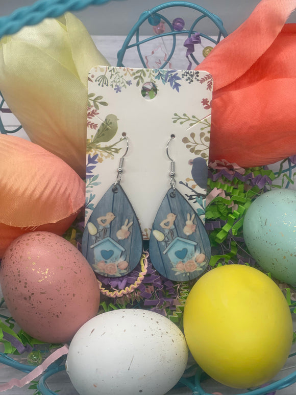 1.6 Inch Blue Easter Birdhouse Earrings