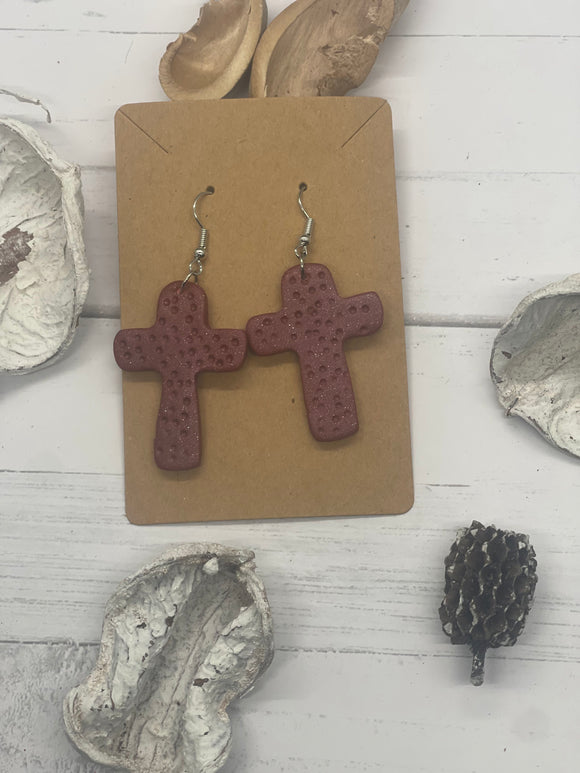 Red Shimmer Cross Clay Earrings