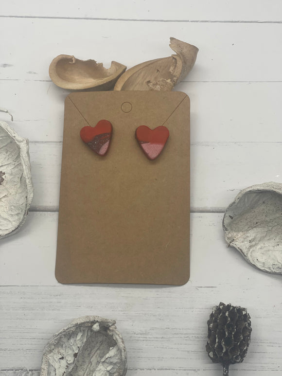 Red and Pink Shimmer Heart Stud Clay Earrings