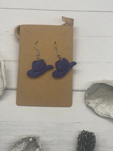 Purple Glitter Cowboy Hat Clay Earrings