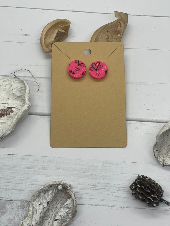 Pink and Black Round Stud Clay Earrings