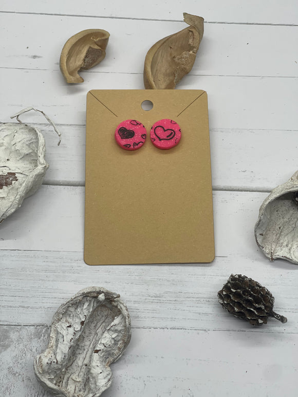 Pink and Black Round Stud Clay Earrings