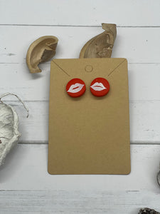 Red and White Lip Stud Clay Earrings