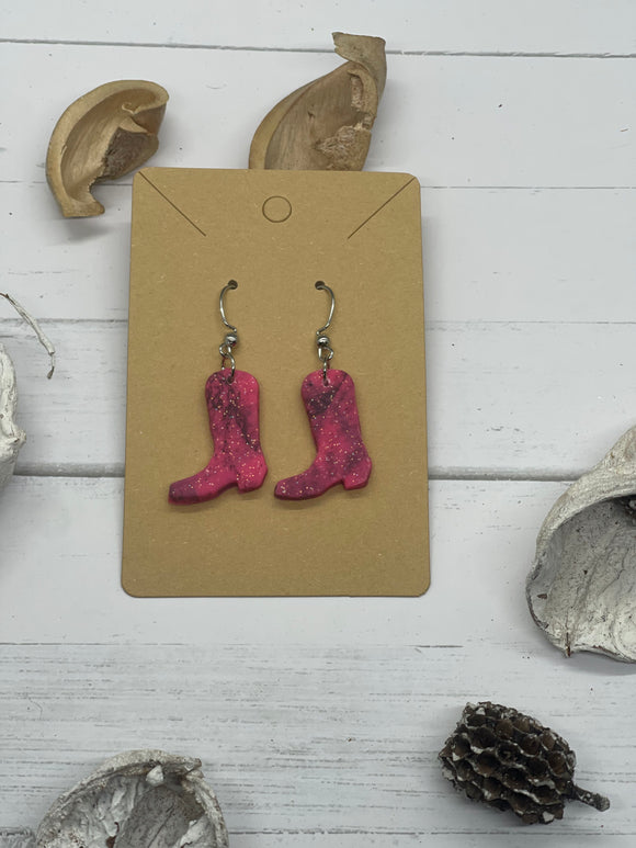 Pink and Black Glitter Boot Clay Earrings