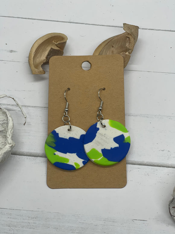 Lime green blue and white clay earrings