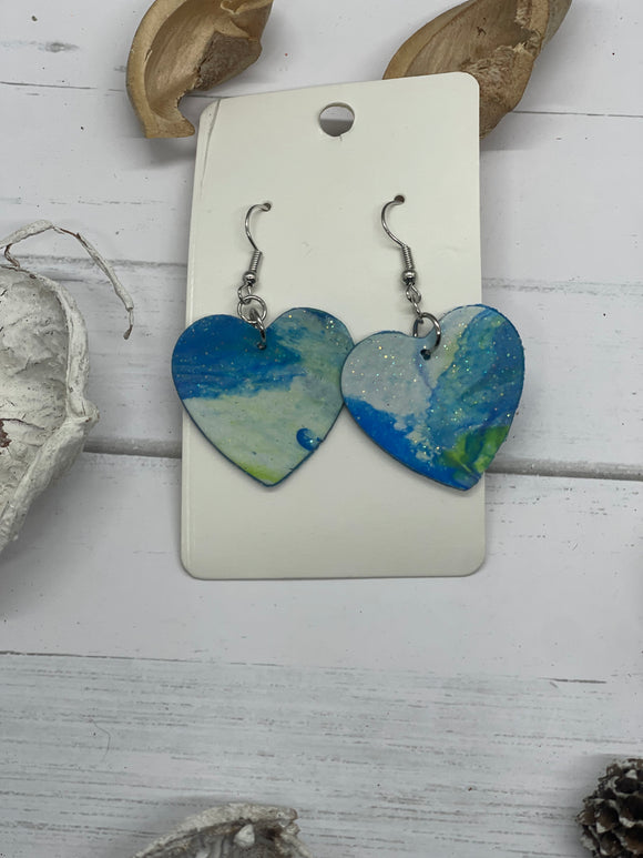 Lime green blue and white clay earrings