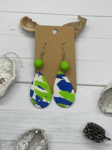 Lime green, blue and white clay earrings