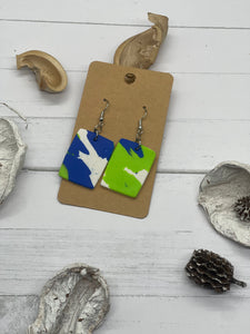 Lime green, blue and white clay earrings