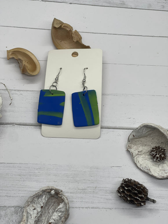 Lime green and blue clay earrings