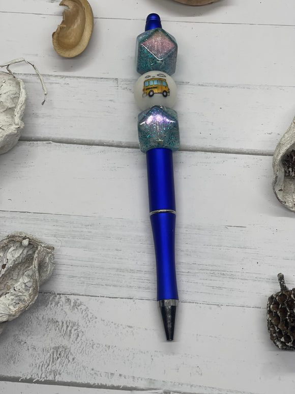 Blue Pen with Bus and Blue Glitter Beads