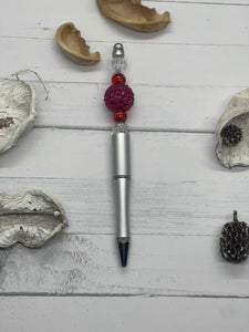 Silver Pen with Black Ink and Red and Pink Beads