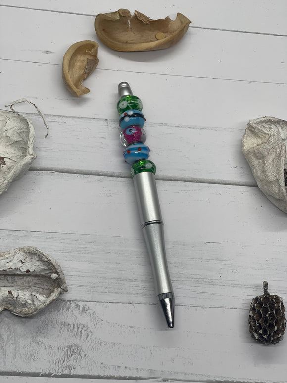 Silver Pen with Black Ink and Green and Blue beads