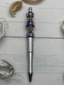 Silver beaded pen with purple and silver beads