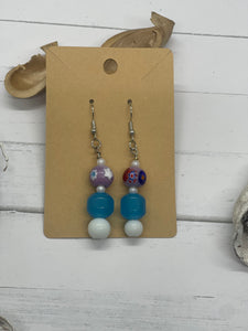 Purple, blue and white beaded earrings