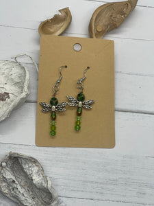 Green dragonfly beaded earrings