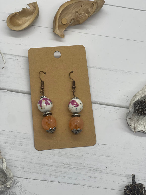 1.5 Inch Coral and Pink Flower Beaded Earrings