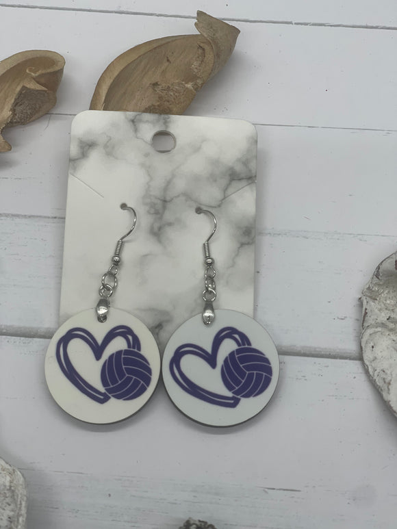 1 Inch Round Purple Volleyball Heart Earrings