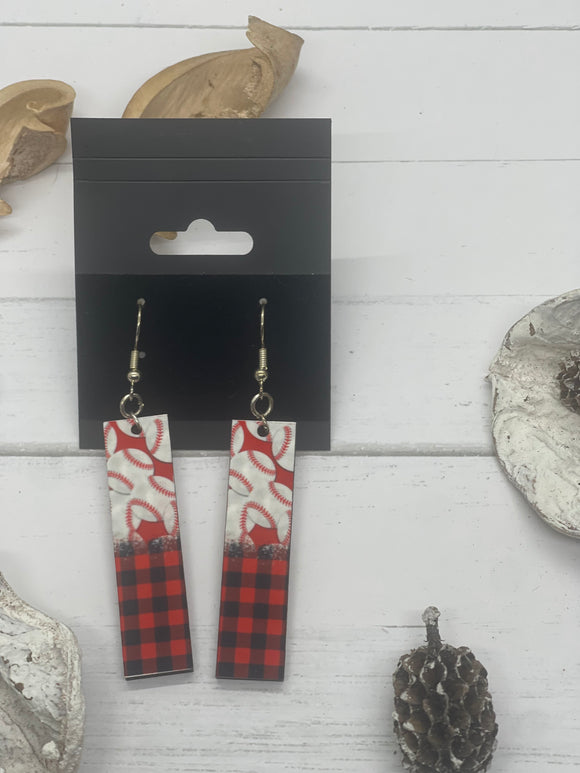 Red and Black Plaid with Baseballs Rectangle Earrings