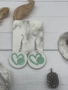 1 Inch Round Green Volleyball Heart Earrings