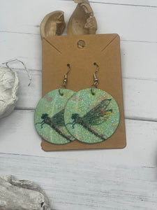 Green dragonfly glitter earrings