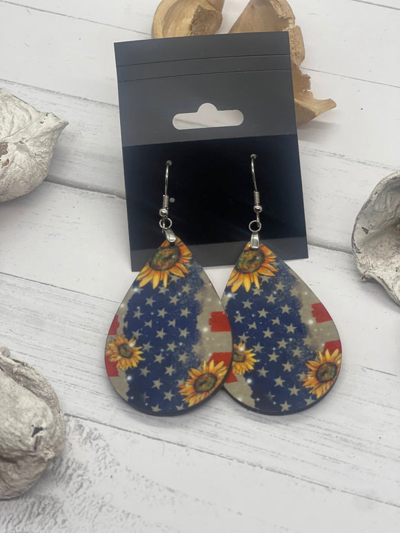 2 Inch Blue Flag with Sunflower Earrings