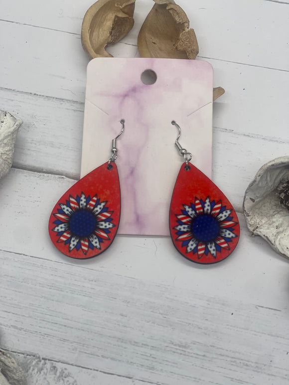 1.8 Inch Red White and Blue Flower Earrings