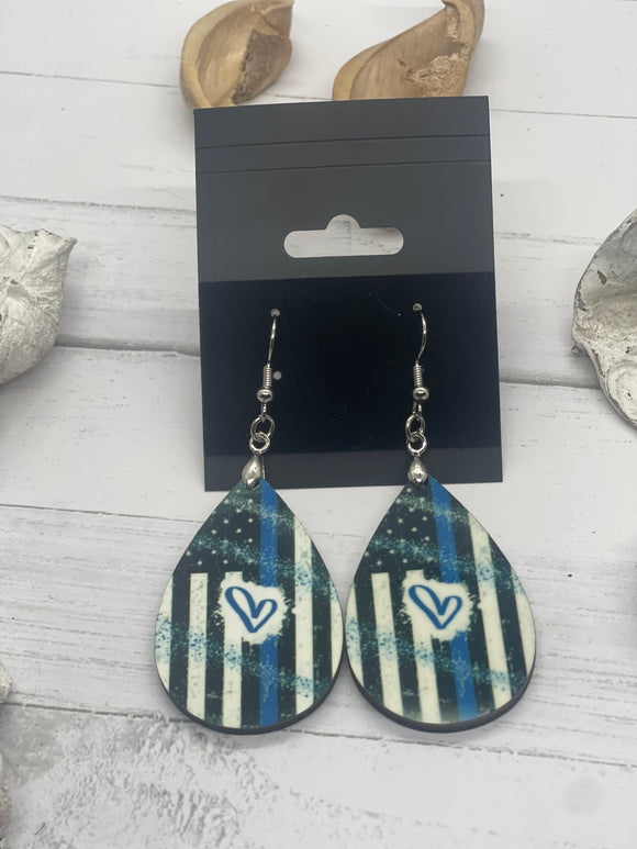 1.8 Inch Blue Line Flag Earrings