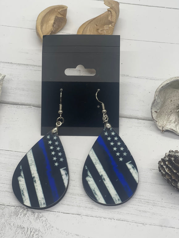 1.6 Inch Blue Line Flag Earrings