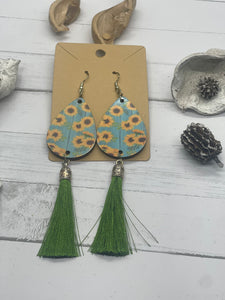 Blue sunflowers and tassel earrings