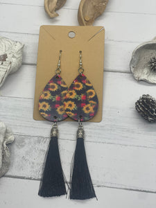 Pink and Black Plaid with Sunflowers Teardrop Earrings with Tassel