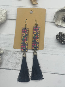 Pink and Black Plaid with Sunflowers and Black Tassel Earrings