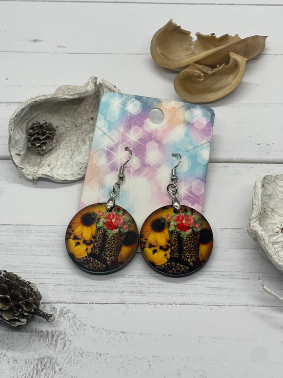 1 Inch Round Earrings with Rainboots and Flowers