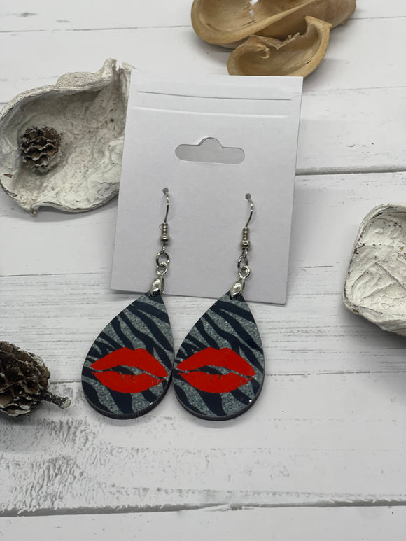 2 Inch Silver and Red Lips Earrings