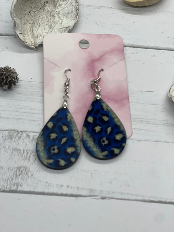 1.6 inch blue and gold leopard print earrings