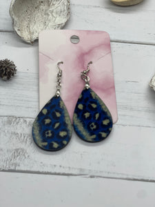 1.8 inch blue and gold leopard print earrings