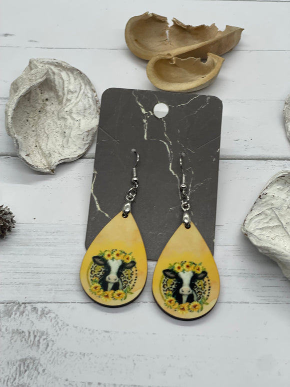 2 Inch Cow with Sunflowers on Yellow Earrings