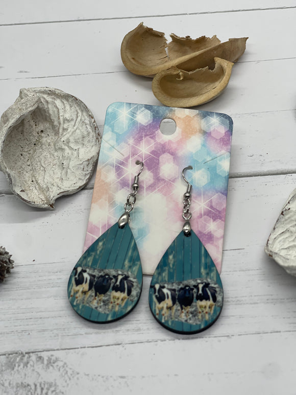 1.8 Inch Black Cows with Turquois Background Earrings