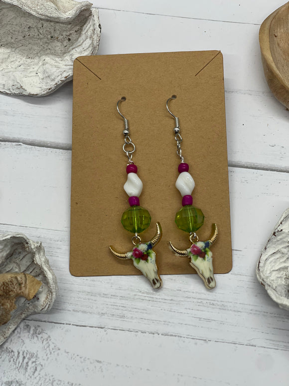 Green and Pink Skull Beaded Earrings