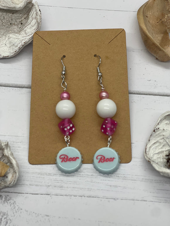 Turquoise and Pink Beer Beaded Earrings