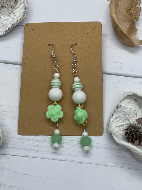 Green and White Flower Beaded Earrings