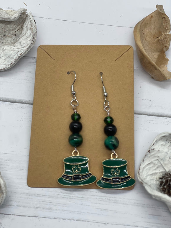 Shamrock Hat Green and Black Beaded Earrings