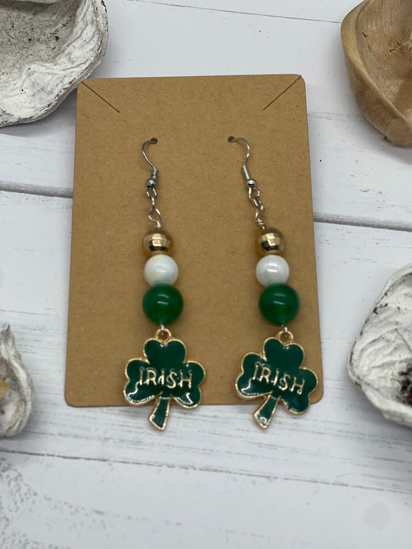 Shamrock Irish Green and White Beaded Earrings